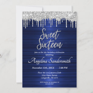 Chic Blue Sweet 16 Silver Glitter Drips Invitation