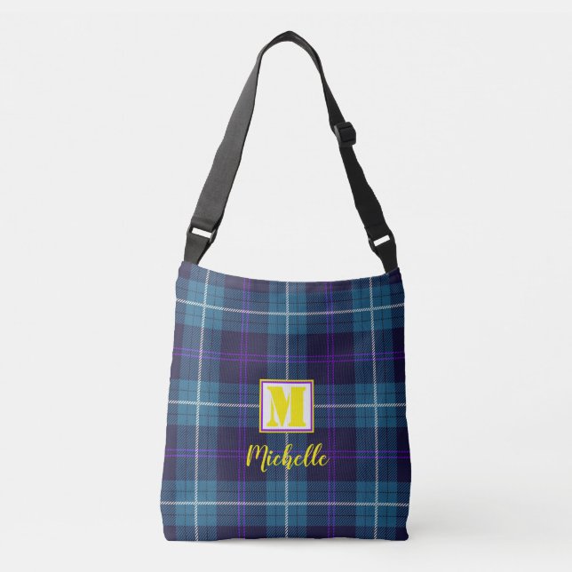 Chic Blue Tartan Personalised Monogram Script Name Crossbody Bag (Front)