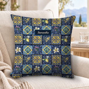 Chic Blue Teal Mediterranean Sicilian Citrus Cushion