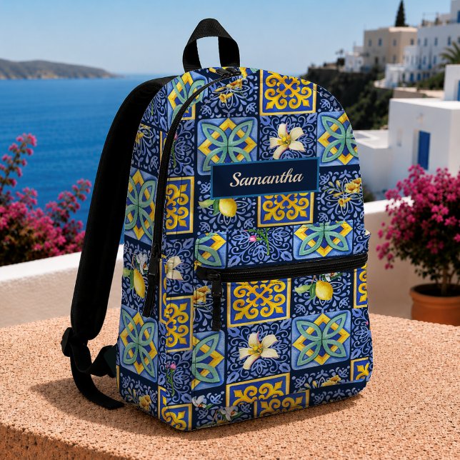 Chic Blue Teal Sicilian Citrus Majolica Tile Printed Backpack (Creator Uploaded)