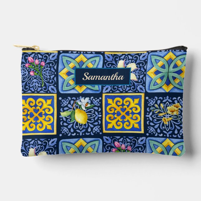 Chic Blue teal Sicilian citrus Mediterranean Accessory Pouch (Front)