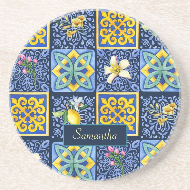 Chic Blue teal Sicilian citrus Mediterranean Coaster (Front)