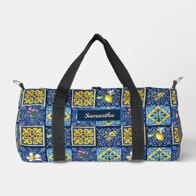 Chic Blue teal Sicilian citrus Mediterranean Duffle Bag (Front)