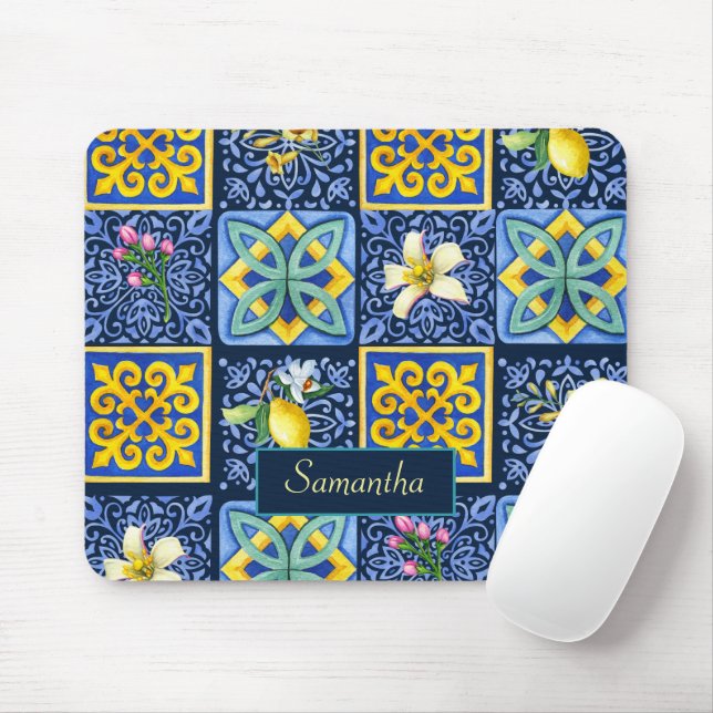 Chic Blue teal Sicilian citrus Mediterranean Mouse Pad (With Mouse)