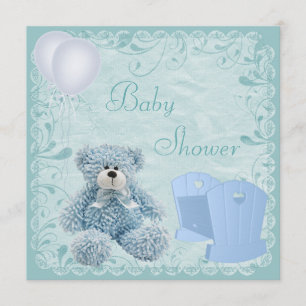 Chic Blue Teddy & Crib Baby Boy Shower Invitation