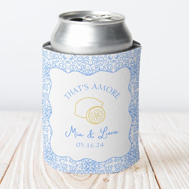 Chic Blue That's Amore Lemon Wedding Favour Can Cooler (Keep it cool & classy! This Italian-inspired drink holder is a must-have for destination weddings.)