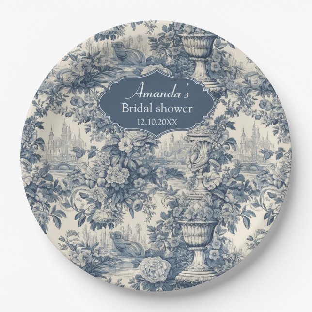 Chic Blue toile de jouy bridal shower Paper Plate (Front)