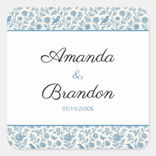 Chic Blue Toile de Jouy Floral Border Wedding Square Sticker
