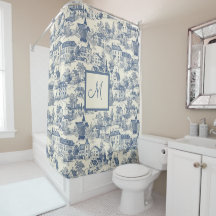 Chic Blue Toile de Jouy Village Scene