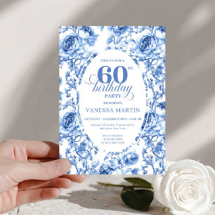 Chic Blue Toile Roses 60th Birthday Invitation 
