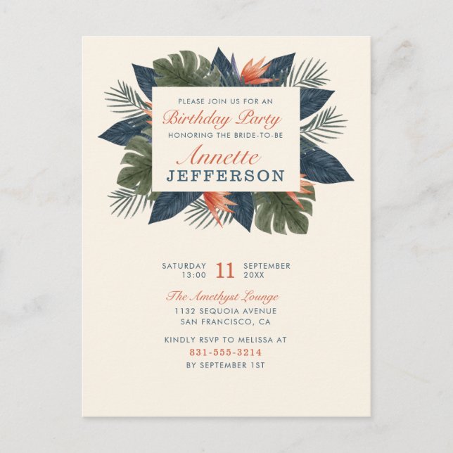 Chic Blue Tropical Leaves Modern Birthday Party Invitation Postcard (Front)