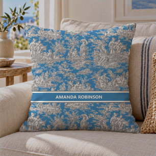 Chic Blue Turquoise French Country Toile de Jouy Cushion