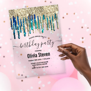 Chic blue turquoise gold glitter drips birthday  acrylic invitations