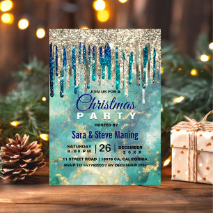 Chic blue turquoise gold glitter drips Christmas  Invitation