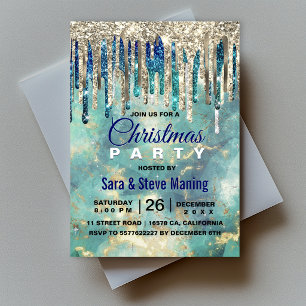 Chic blue turquoise gold glitter drips Christmas Invitation
