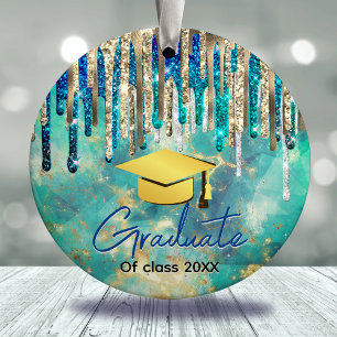 Chic blue turquoise gold glitter drips graduate ceramic ornament