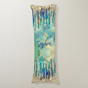 Chic blue turquoise gold glitter drips monogram body cushion