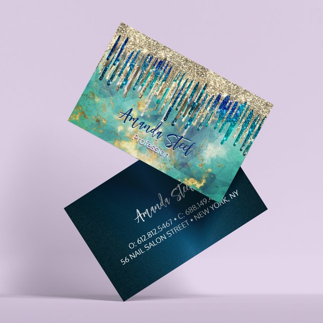 Chic blue turquoise gold glitter drips monogram business card (Creator Uploaded)
