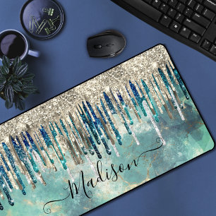 Chic blue turquoise gold glitter drips monogram desk mat