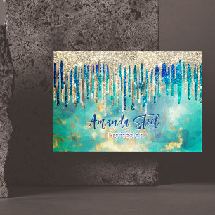 Chic blue turquoise gold glitter drips monogram 	Magnetic business card