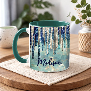 Chic blue turquoise gold glitter drips monogram mug