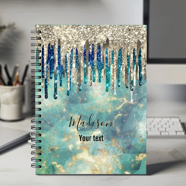 Chic blue turquoise gold glitter drips monogram notebook (Creator Uploaded)