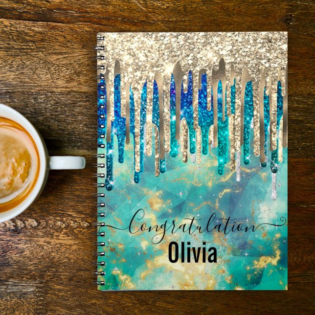 Chic blue turquoise gold glitter drips monogram notebook (Creator Uploaded)