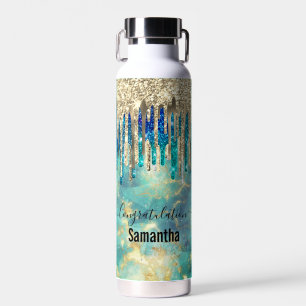 Chic blue turquoise gold glitter drips monogram water bottle