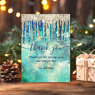 Chic blue turquoise gold glitter drips thank you card