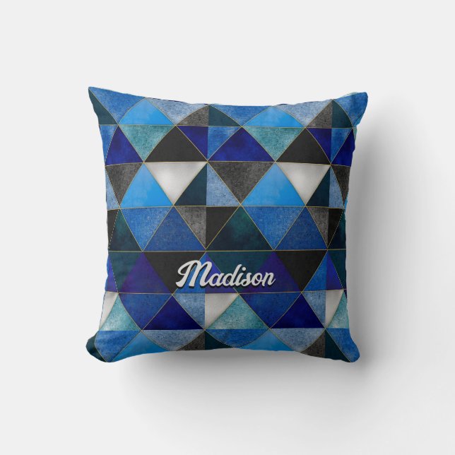 Chic blue turquoise grey geometric cushion (Front)