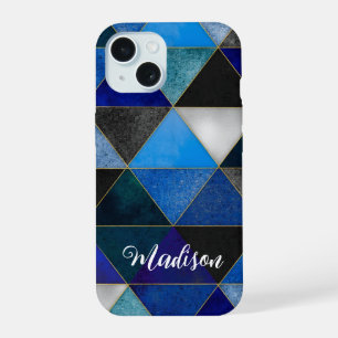Chic blue turquoise grey geometric iPhone 15 case