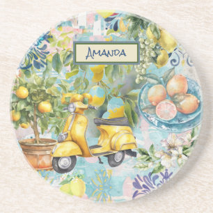 Chic blue turquoise sicilian citrus collage floral coaster