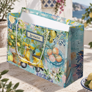 Chic blue turquoise sicilian citrus collage floral large gift bag