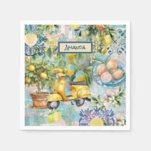 Chic blue turquoise sicilian citrus collage floral napkin