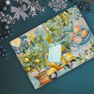 Chic blue turquoise sicilian citrus collage floral wrapping paper
