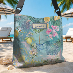 Chic Blue Turquoise Sicilian Citrus Floral Collage Crossbody Bag