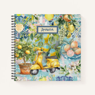 Chic Blue Turquoise Sicilian Citrus Floral Collage Notebook