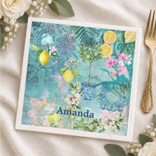 Chic Blue Turquoise Sicilian Citrus Floral Napkin