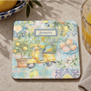 Chic Blue Turquoise Sicilian Citrus Floral Stone Coaster