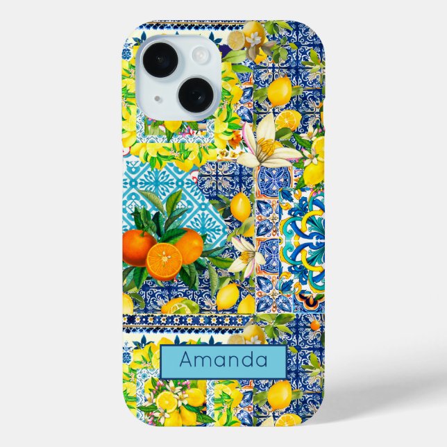 Chic blue turquoise sicilian citrus floral tiles  Case-Mate iPhone case (Back)