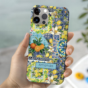 Chic blue turquoise sicilian citrus floral tiles iPhone 15 case