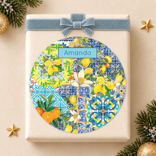Chic blue turquoise sicilian citrus floral tiles classic round sticker