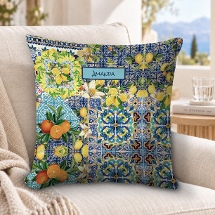 Chic blue turquoise sicilian citrus floral tiles cushion