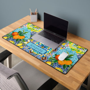 Chic blue turquoise sicilian citrus floral tiles  desk mat