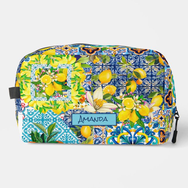 Chic blue turquoise sicilian citrus floral tiles dopp kit (Front)
