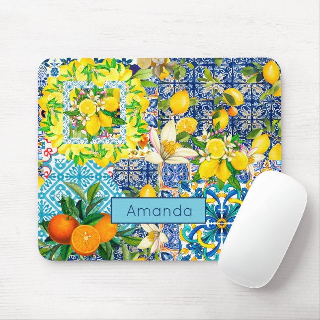 Chic blue turquoise sicilian citrus floral tiles  mouse pad (With Mouse)