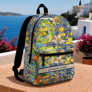 Chic blue turquoise sicilian citrus floral tiles printed backpack
