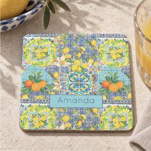 Chic blue turquoise sicilian citrus floral tiles stone coaster
