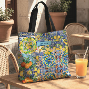 Chic blue turquoise sicilian citrus floral tiles tote bag