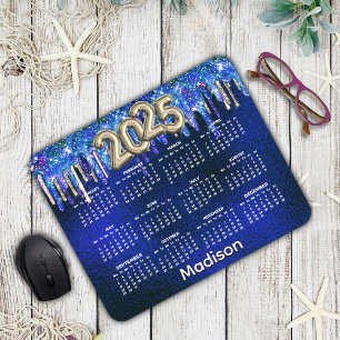 Chic blue unicorn dripping glitter 2025 calendar  mouse pad